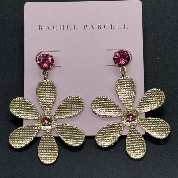 Rachel Parcell Pink Crystal Dangling Flower Statement Earrings - Picture 4 of 8